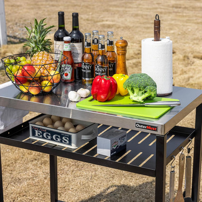 Outdoor Grill Crat with 3-Shelf Dining Table with Wheel and Tool Hooks for BBQ, Garden Cooking