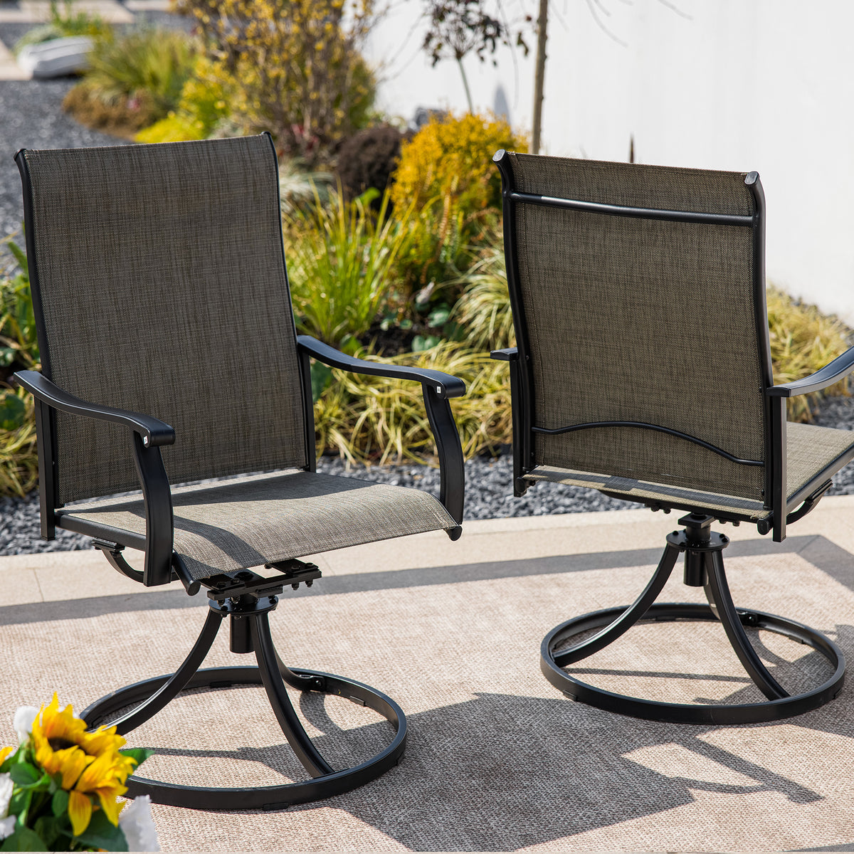 Sour Citrus Swivel Patio Dining Chairs, Textilene Fabric Iron Indoor/Outdoor Dining Chairs Patio Dining Set of 2 for Lawn, Poolside, Garden, Backyard, Brown