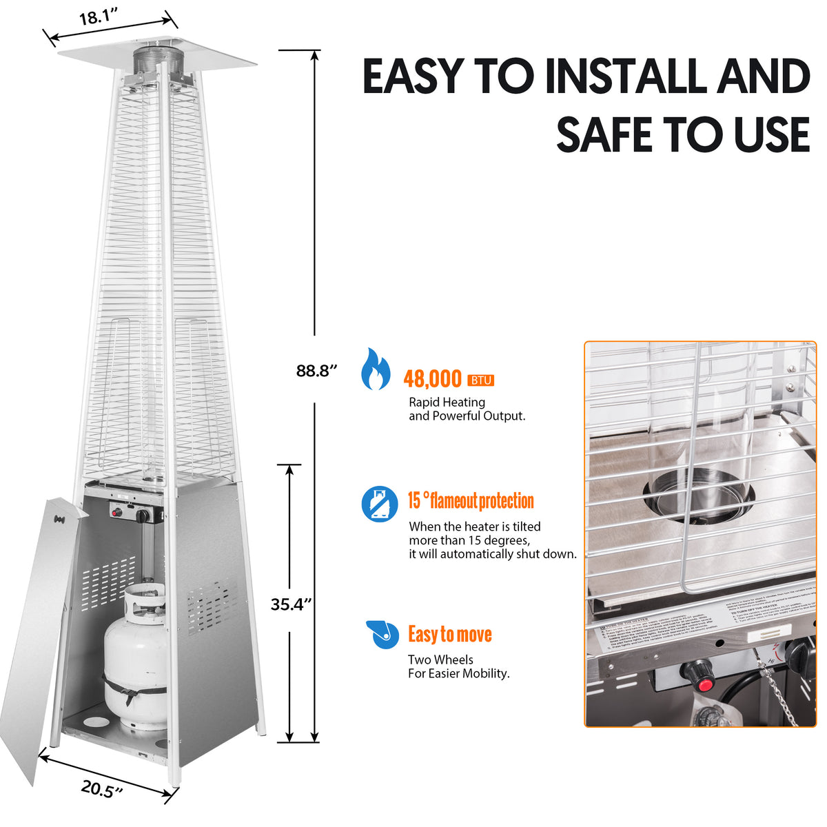 OuterMust 48,000 BTU Pyramid Patio Heater with Stainless Steel Design, Cover, Wheels and One-Button Ignition Ideal for Backyard Balcony 6-8 people