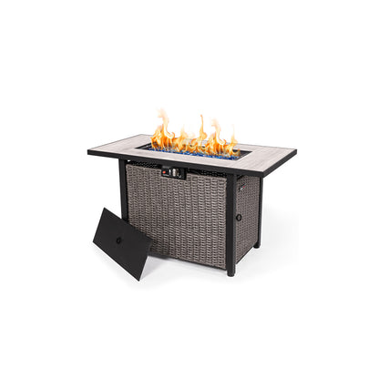 42 Inch Propane Fire Pit Table, 50,000 BTU Hand-Woven Rattan Outdoor Fire Pit with Lid & Blue Glass Bead for Patio, Garden