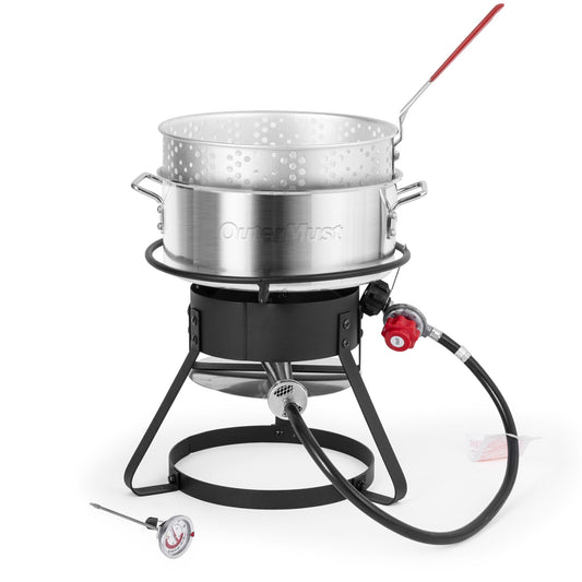 OuterMust Fish and Wing Fryer Kit, 58,000 BTU 11 Qt. Aluminum Deep Fry Pot with Basket and 5 Inches Thermometer for Frying Fish, French Fries