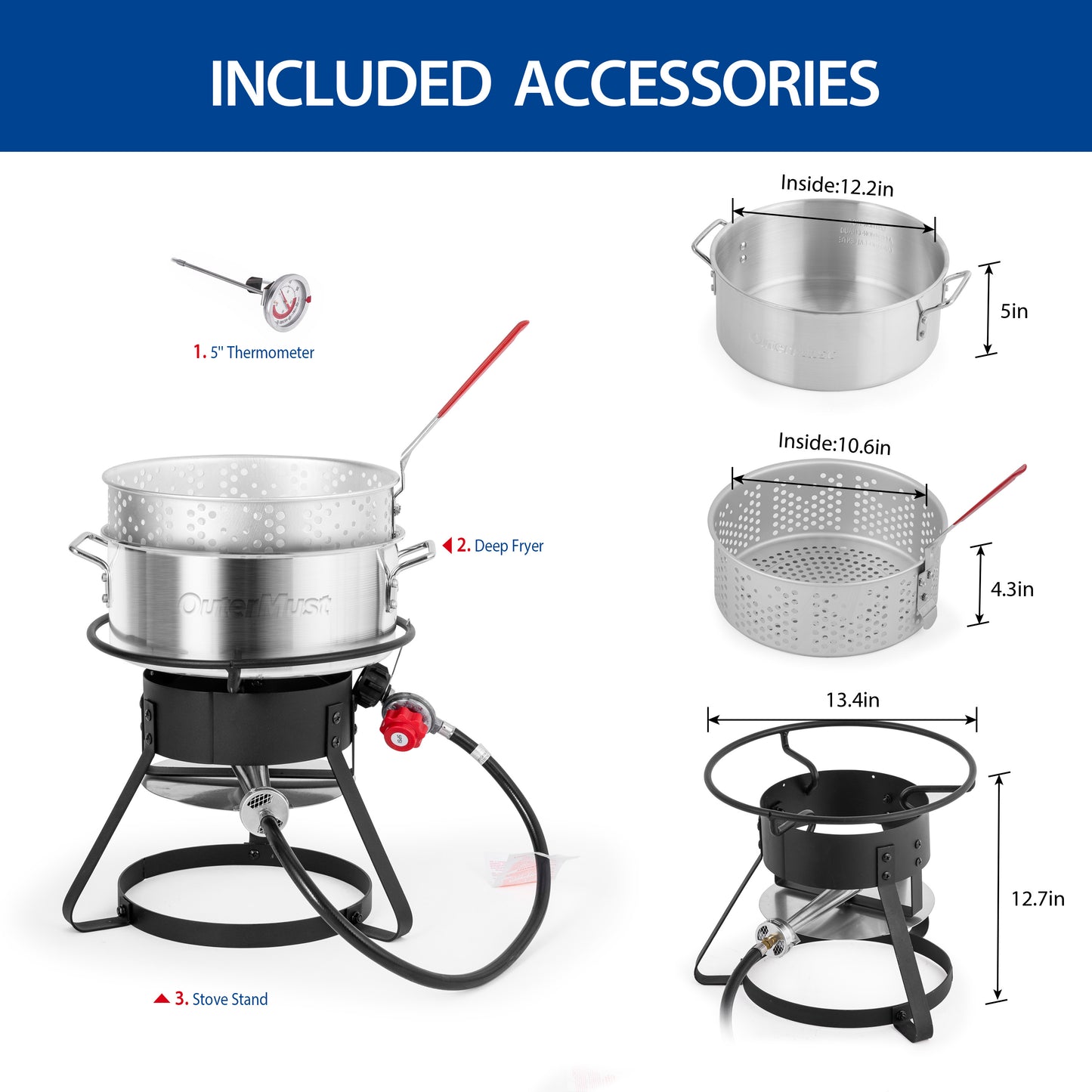 OuterMust Fish and Wing Fryer Kit, 58,000 BTU 11 Qt. Aluminum Deep Fry Pot with Basket and 5 Inches Thermometer for Frying Fish, French Fries