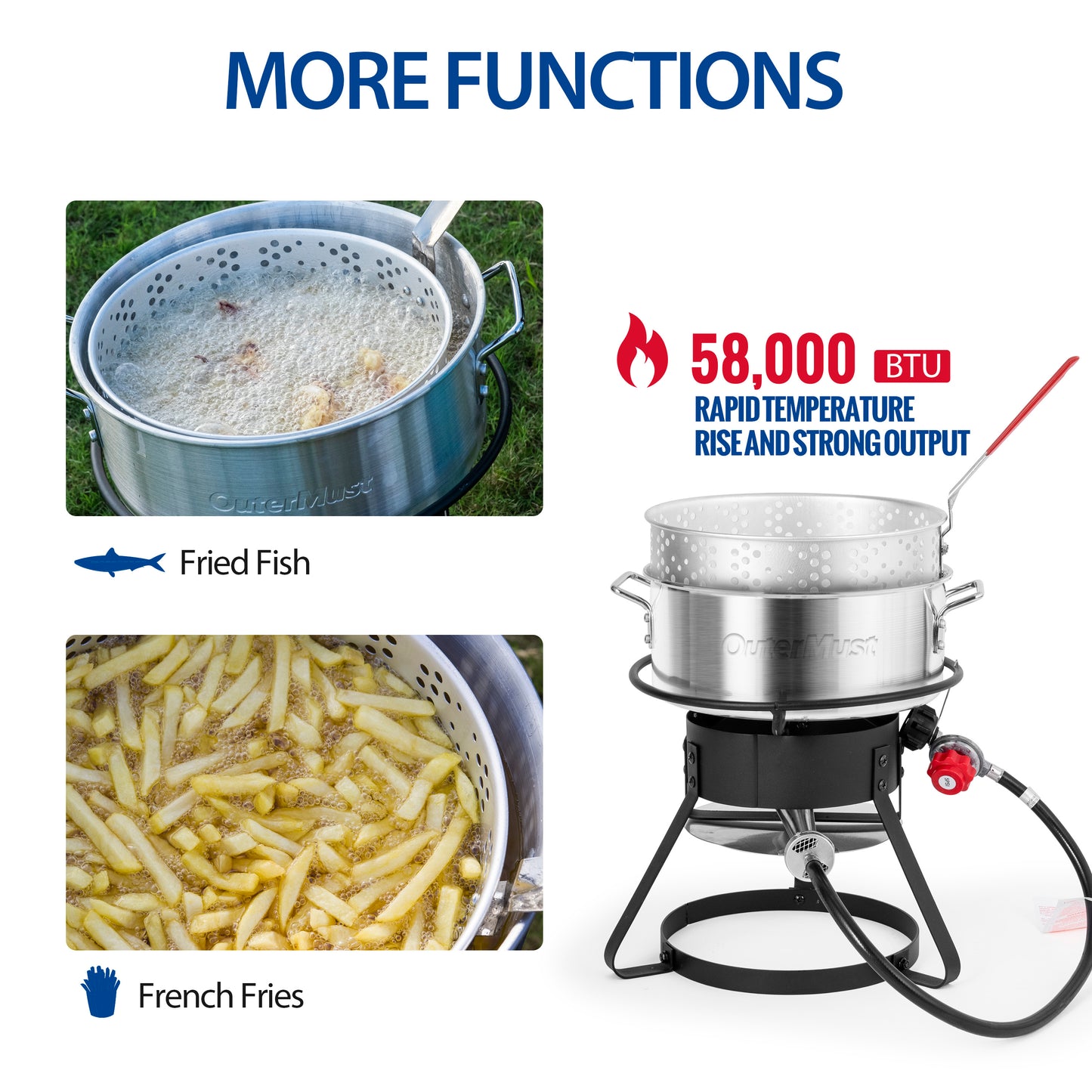 OuterMust Fish and Wing Fryer Kit, 58,000 BTU 11 Qt. Aluminum Deep Fry Pot with Basket and 5 Inches Thermometer for Frying Fish, French Fries