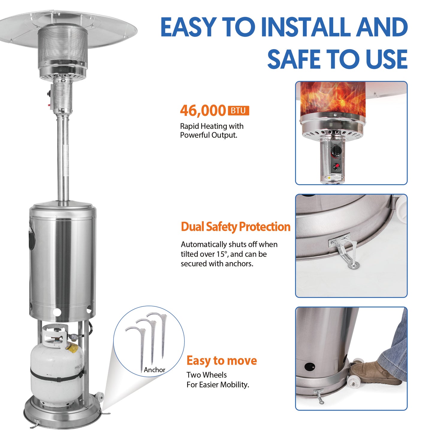 OuterMust Propane Patio Heater 46,000 BTU with Stainless Steel Design and Wheels Ideal for Backyard, Garden