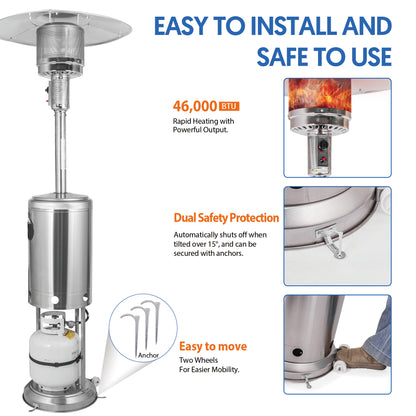 OuterMust Propane Patio Heater 46,000 BTU with Stainless Steel Design and Wheels Ideal for Backyard, Garden
