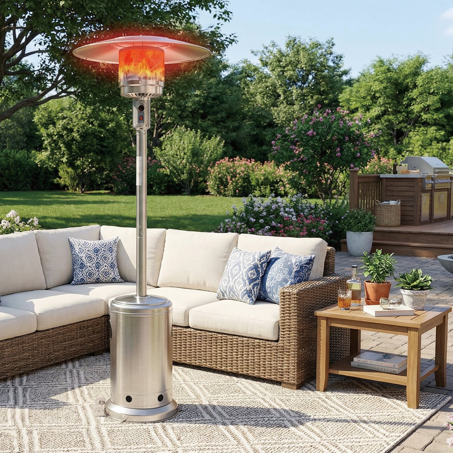 OuterMust Propane Patio Heater 46,000 BTU with Stainless Steel Design and Wheels Ideal for Backyard, Garden