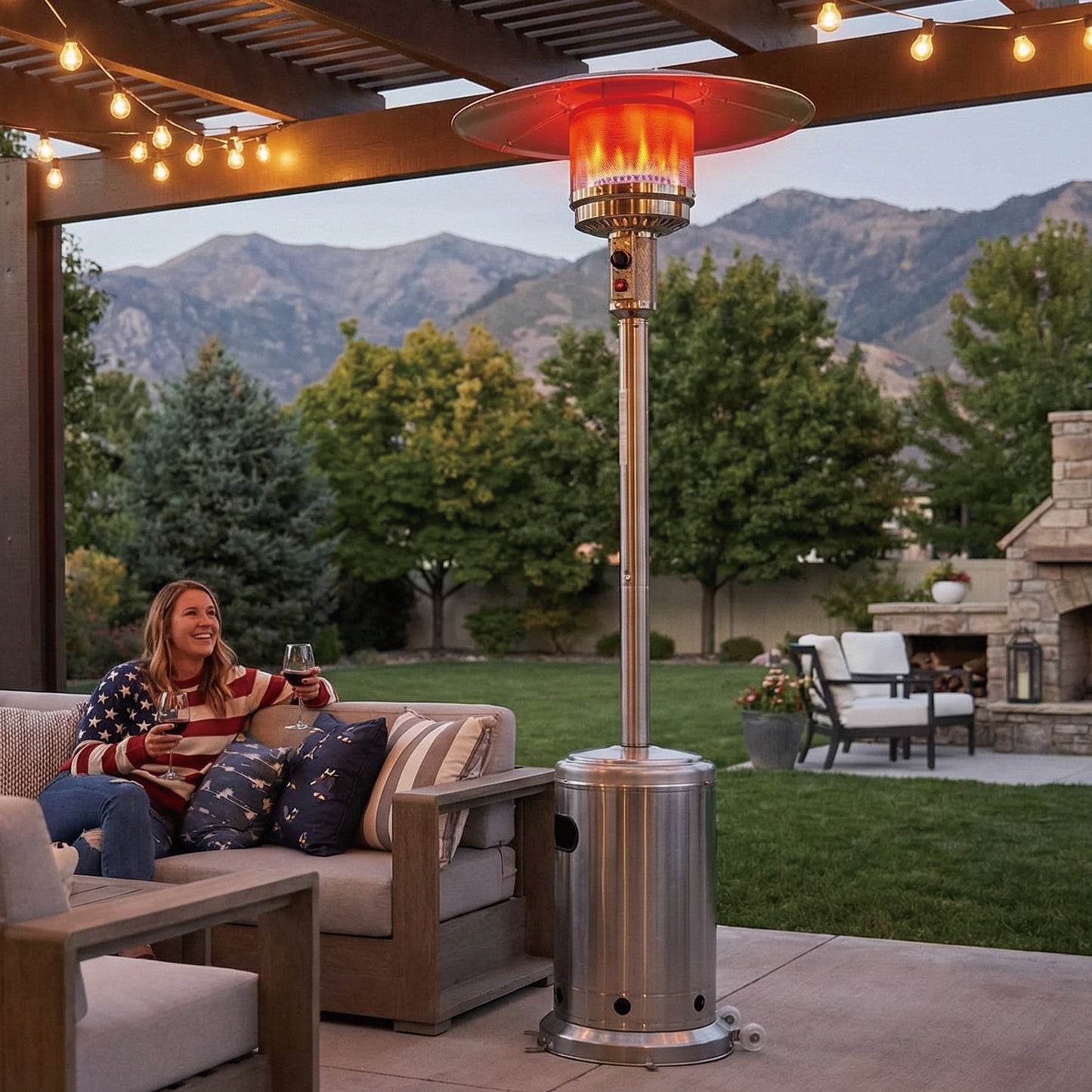 OuterMust Propane Patio Heater 46,000 BTU with Stainless Steel Design and Wheels Ideal for Backyard, Garden